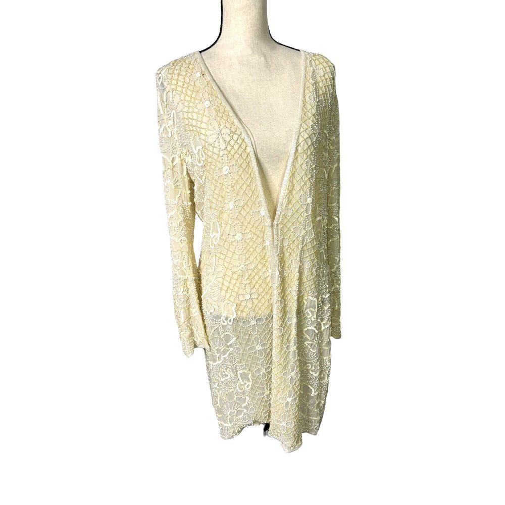 Vintage Nitline Della Roufagali Cardigan‎ Large Beaded Sequins Long Line Ivory